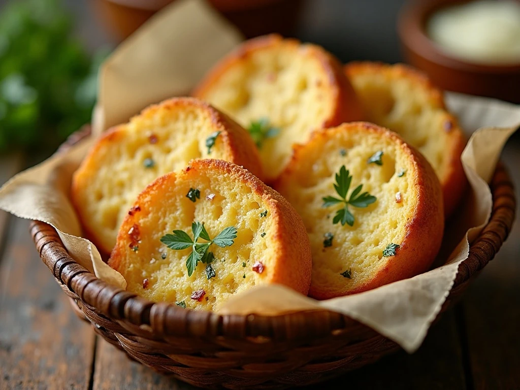 Golden homemade frozen garlic bread slices served warm in a basket