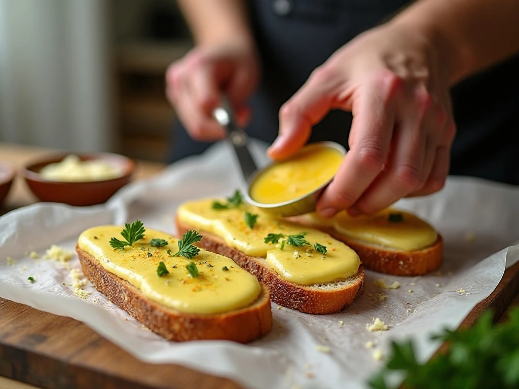 Spreading garlic butter over bread slices before freezing