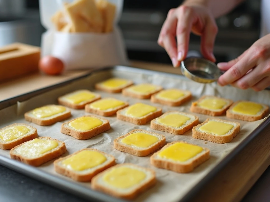 Individually arranged buttered bread slices ready for the freezer