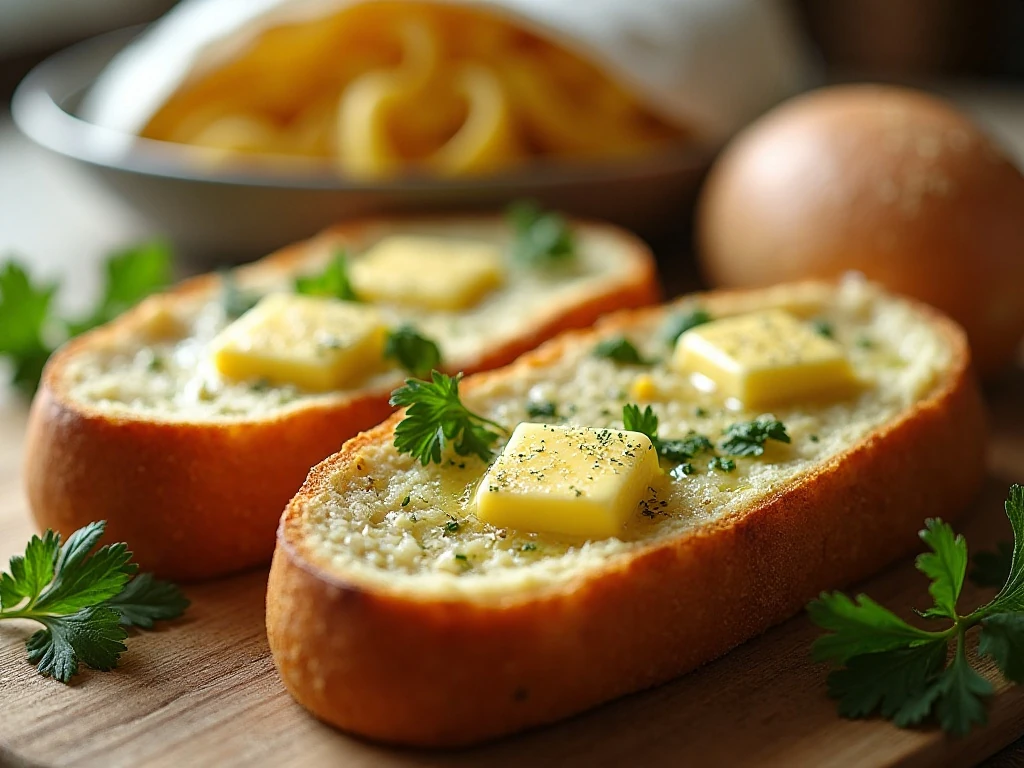Crispy baked garlic bread slices with parsley and Parmesan