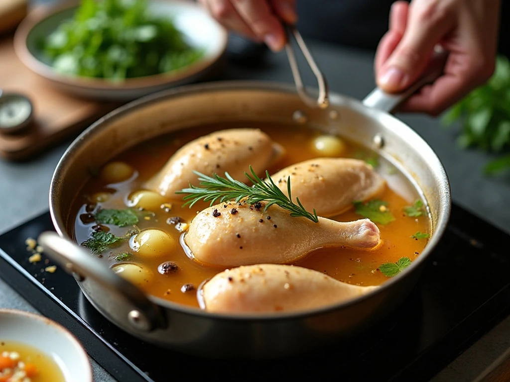 Chicken gently poaching in seasoned broth