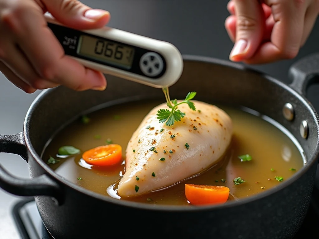 Checking poached chicken temperature with a thermometer