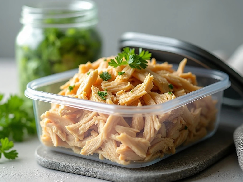 Stored poached chicken with reserved broth