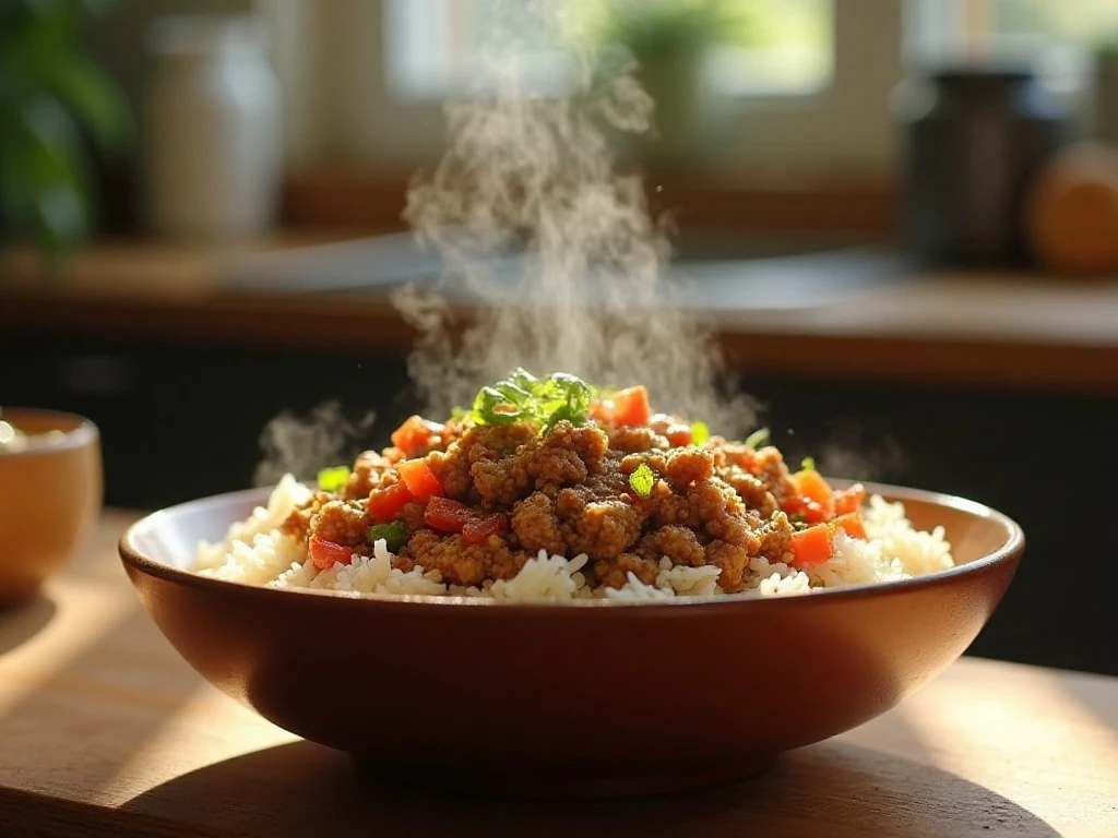 Seasoned ground turkey served with rice and vegetables
