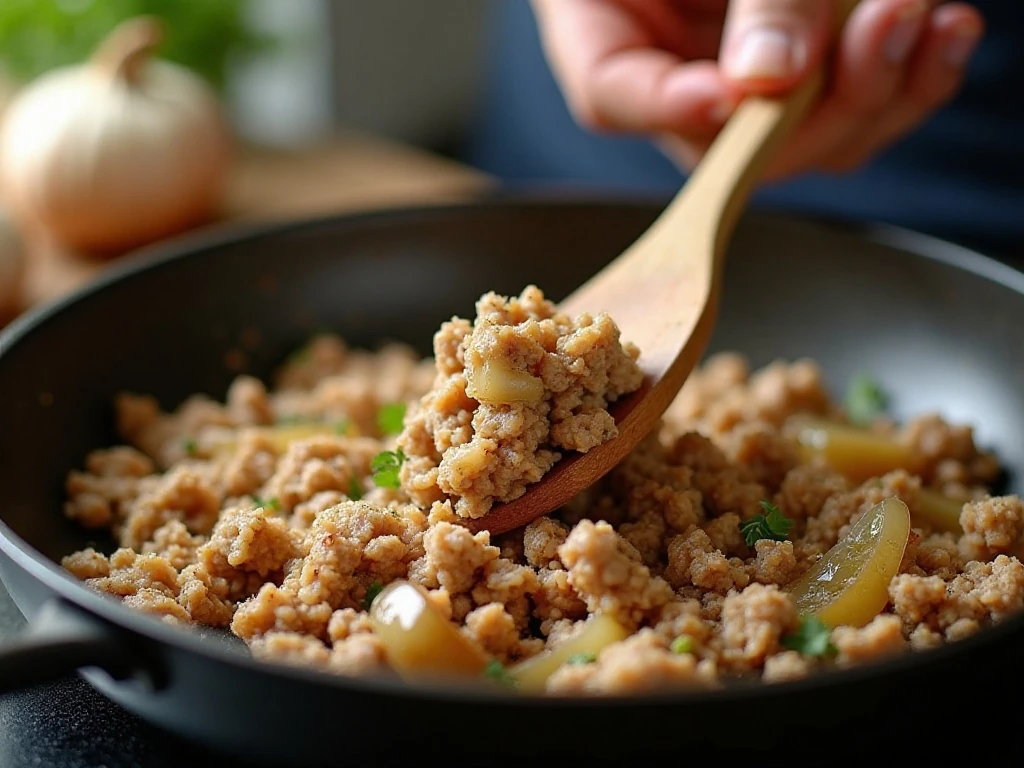Ground turkey being broken into crumbles in a skillet