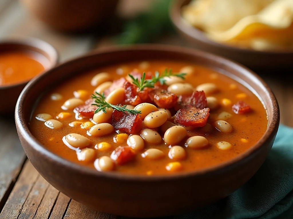 Creamy seasoned pinto beans served with bacon and onions