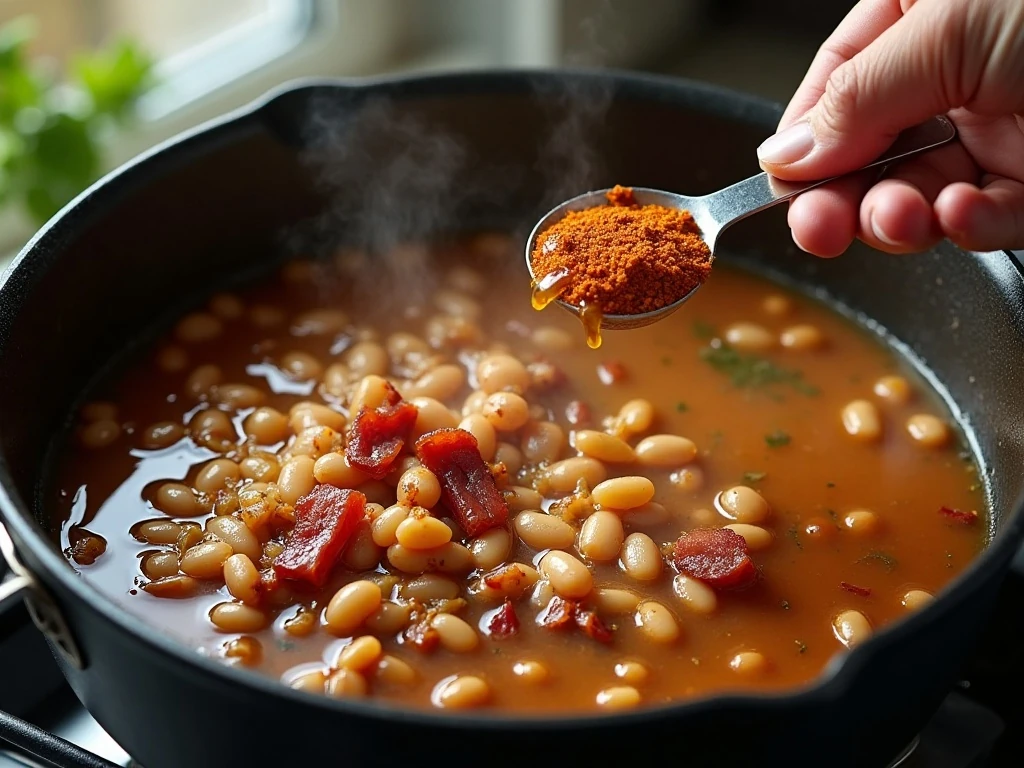 Pinto beans simmering with aromatics and spices in a heavy pot