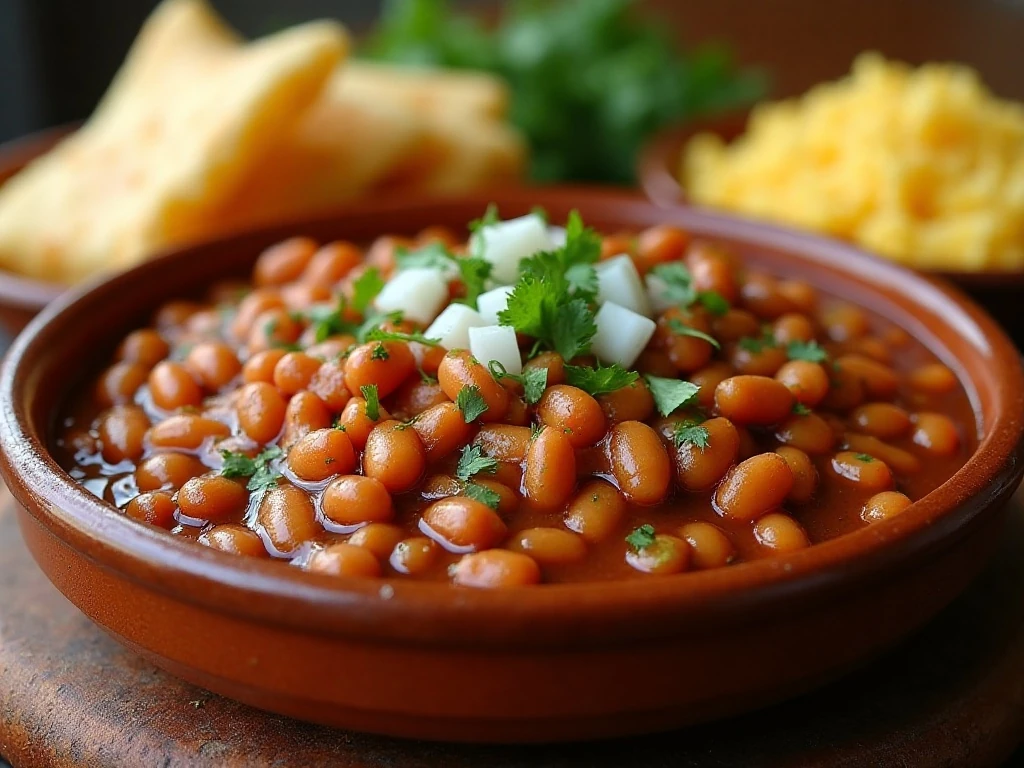 Seasoned pinto beans served with tortillas, rice, and cornbread