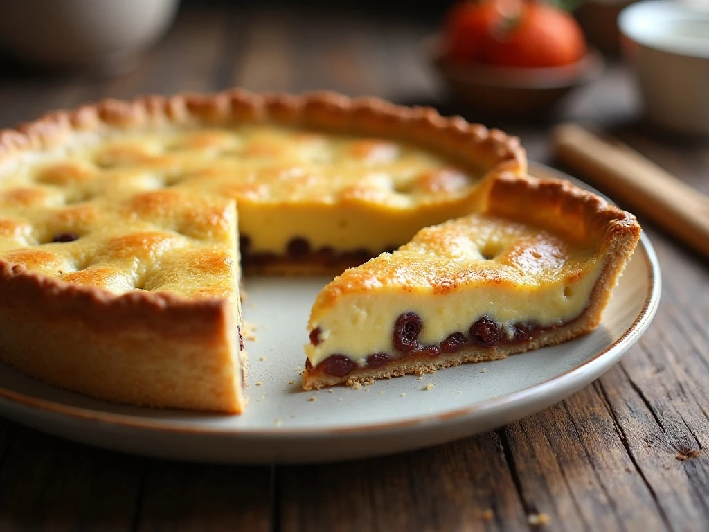 Whole sour cream raisin pie with one creamy slice showing raisins