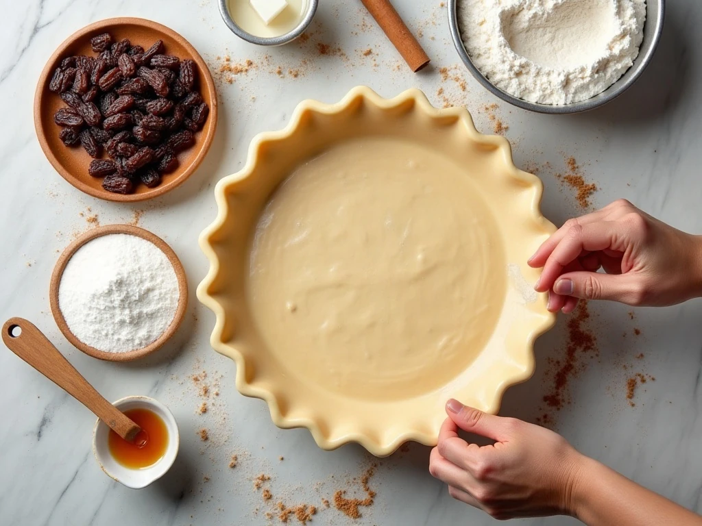 Ingredients for sour cream raisin pie arranged on a kitchen counter