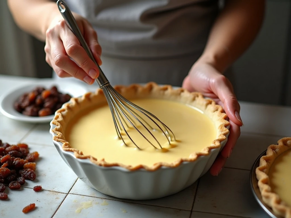 Preparing sour cream raisin pie filling with raisins and custard