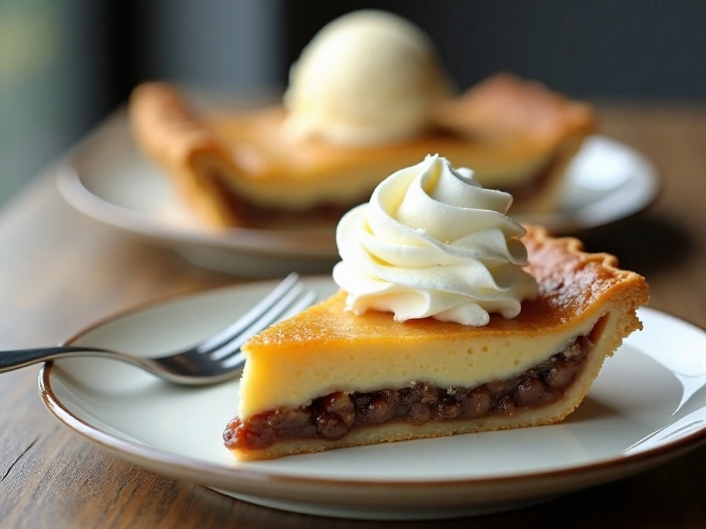 Sour cream raisin pie served with whipped cream and vanilla ice cream
