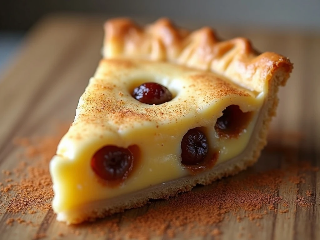 Close-up of creamy sour cream raisin pie with cinnamon and raisins