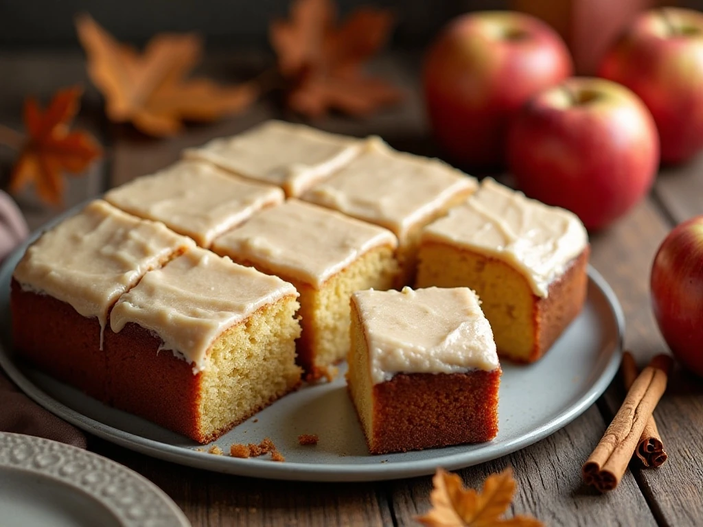 Slices of autumn apple cake with cream cheese frosting on a fall dessert table