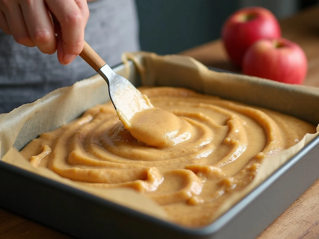 Thick apple cake batter spread in a prepared baking pan
