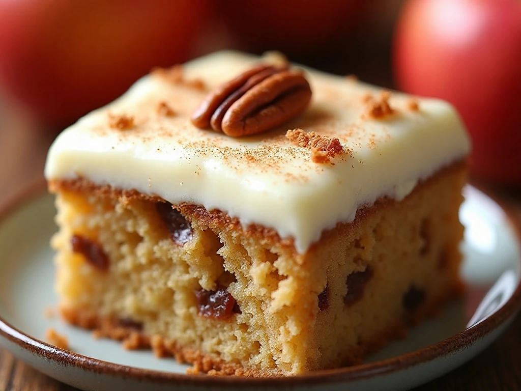 Cream cheese frosting and cinnamon garnish on apple cake