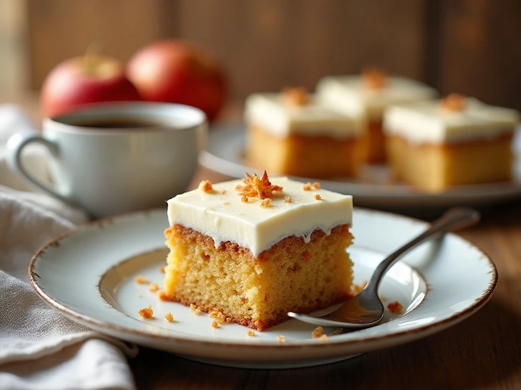 Served apple cake with cream cheese frosting and coffee