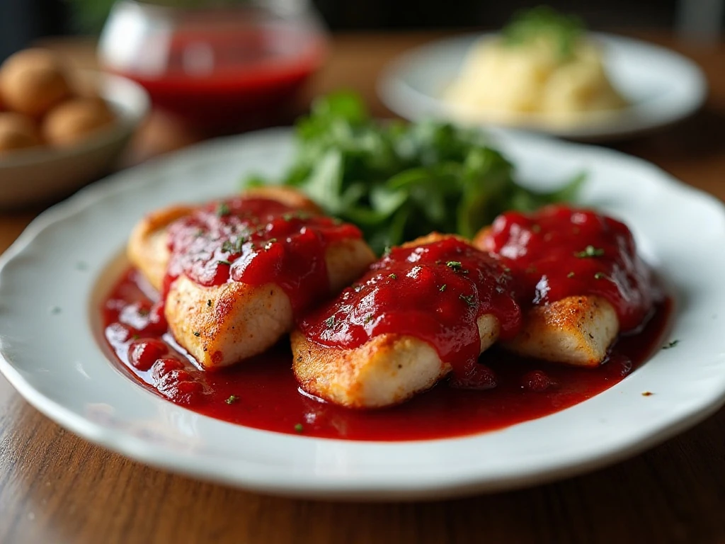 Four-ingredient cranberry chicken served with mashed potatoes and green vegetables