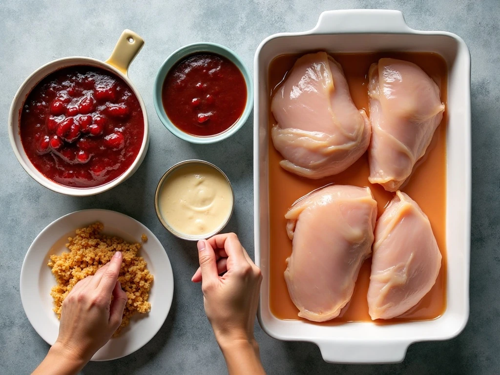 Four ingredients for cranberry chicken arranged beside a baking dish