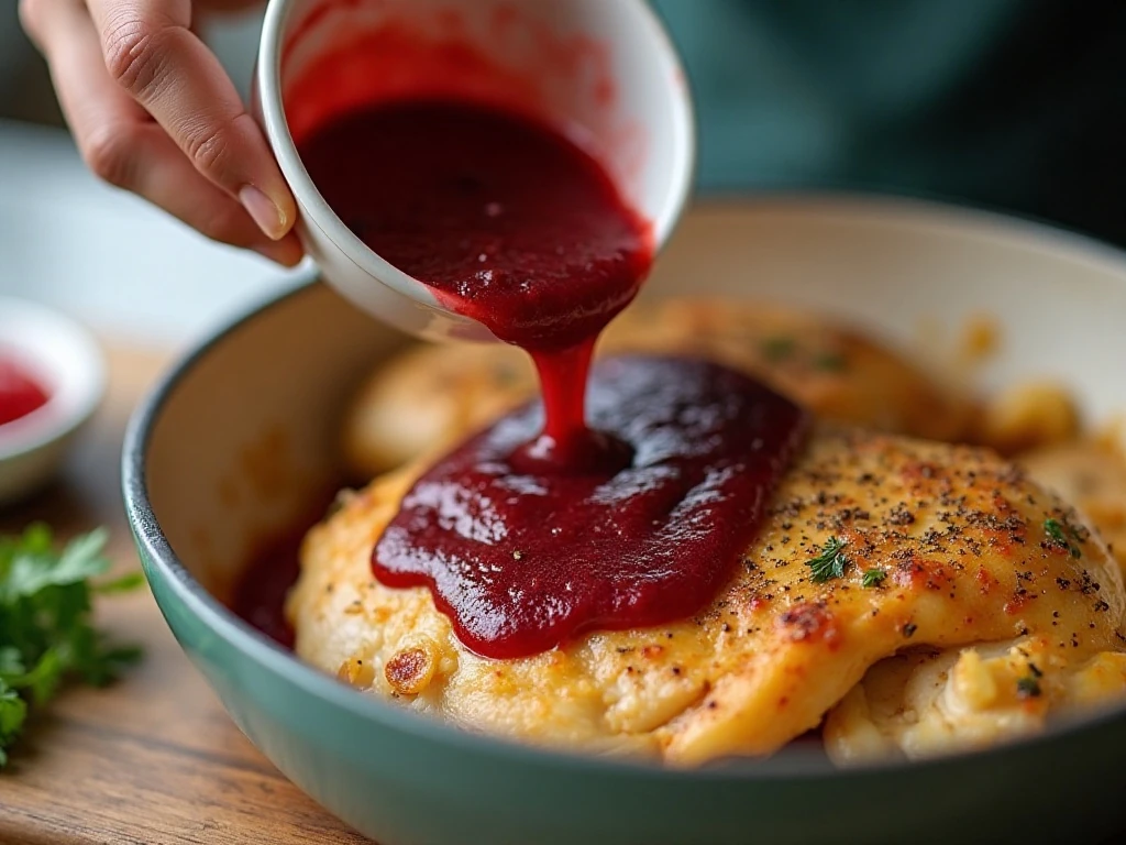 Cranberry sauce, Catalina dressing, and onion soup mix being combined for chicken