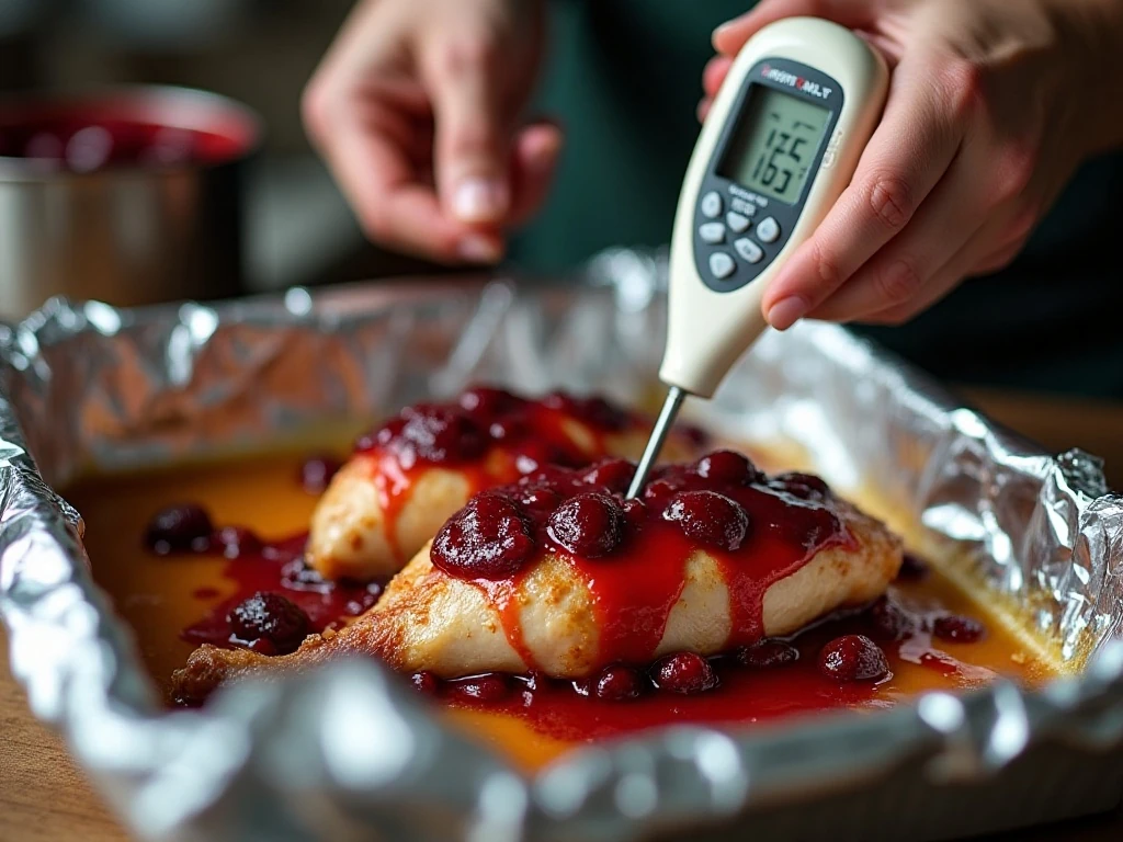 Checking cranberry chicken with an instant-read thermometer for 165 degrees