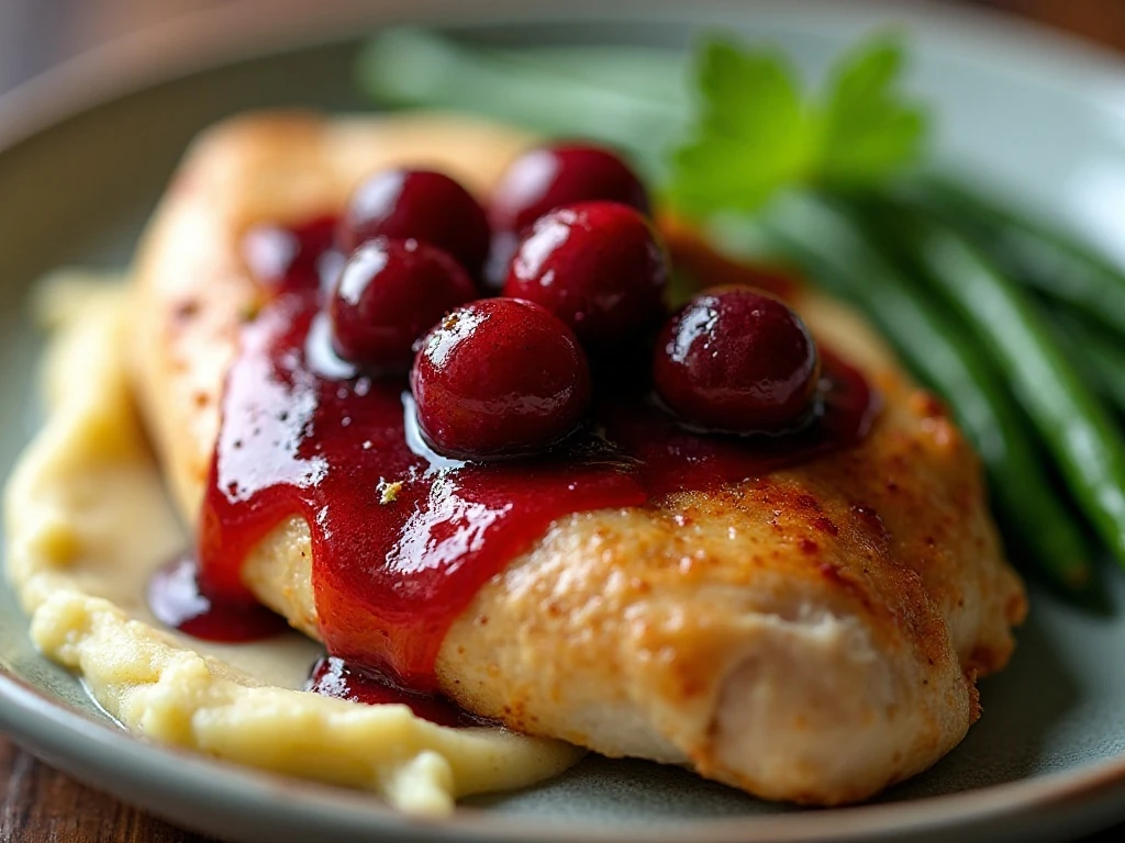 Cranberry chicken with whole berries, mashed potatoes, and green beans