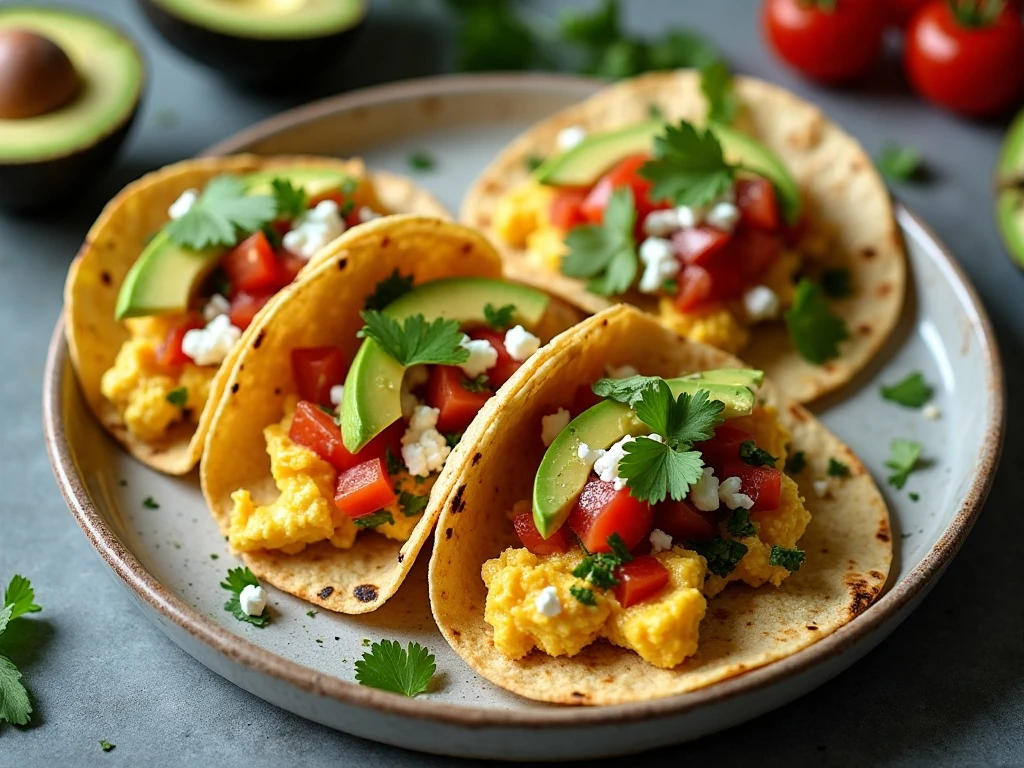 Hummus breakfast tacos with scrambled eggs avocado pico de gallo feta and cilantro