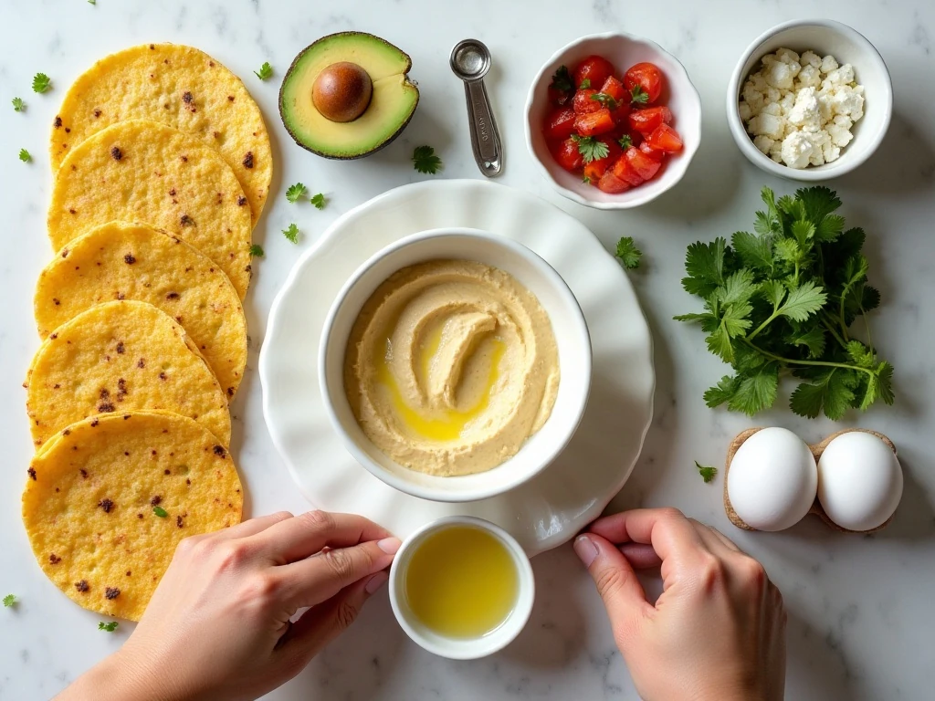 Ingredients for hummus breakfast tacos