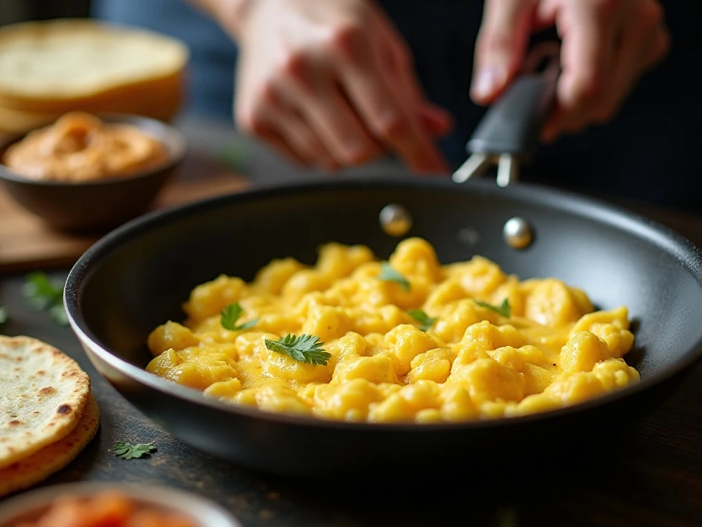 Softly scrambling eggs for hummus breakfast tacos