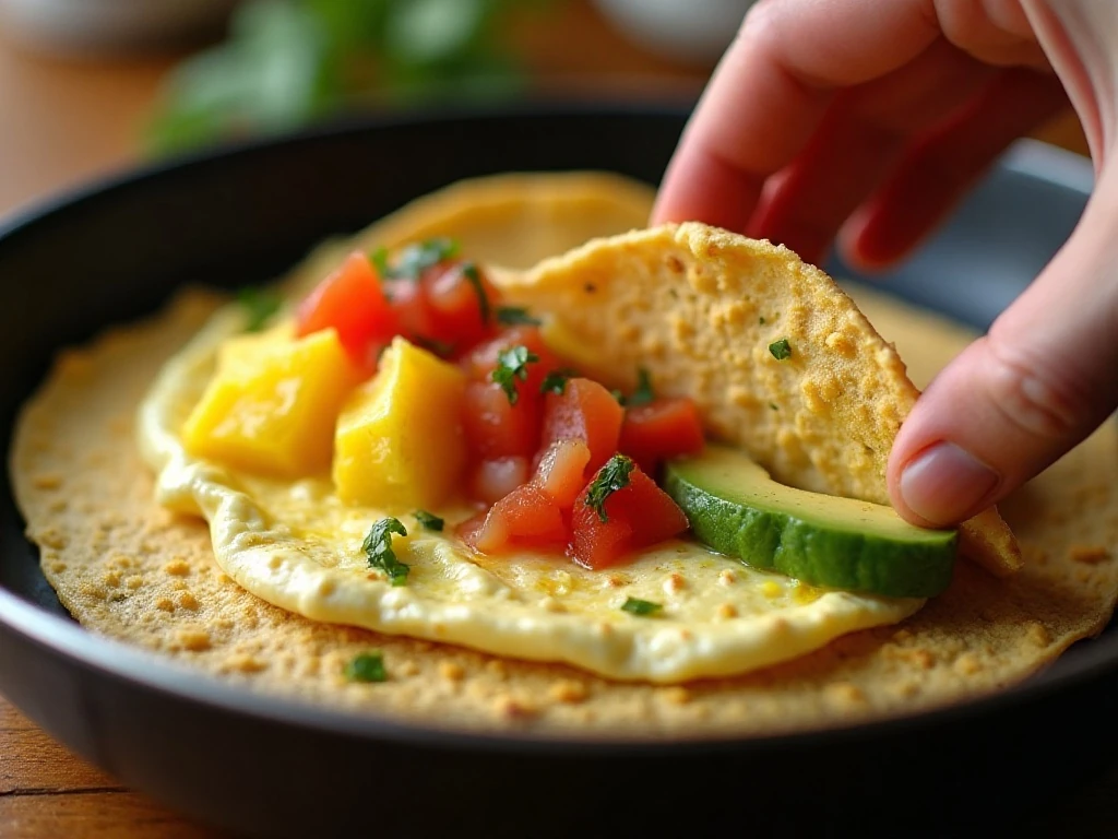 Spreading hummus on a warm tortilla for breakfast tacos