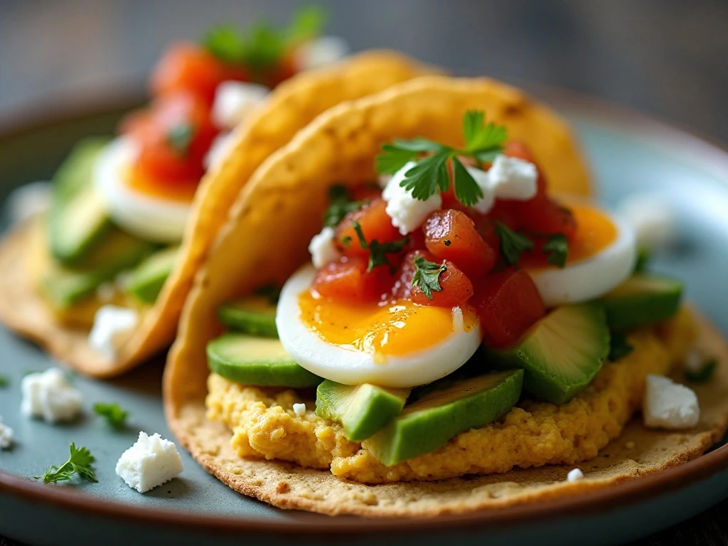 Close-up of avocado salsa feta and cilantro on hummus breakfast tacos
