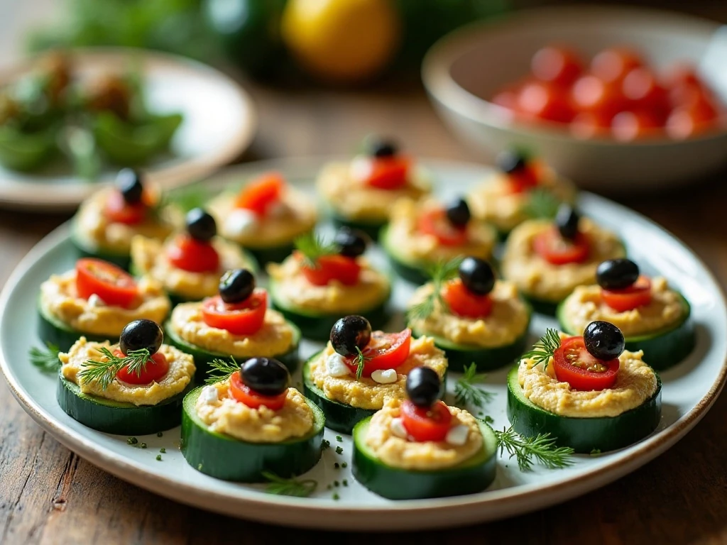 Fresh hummus cucumber bites arranged on a party platter