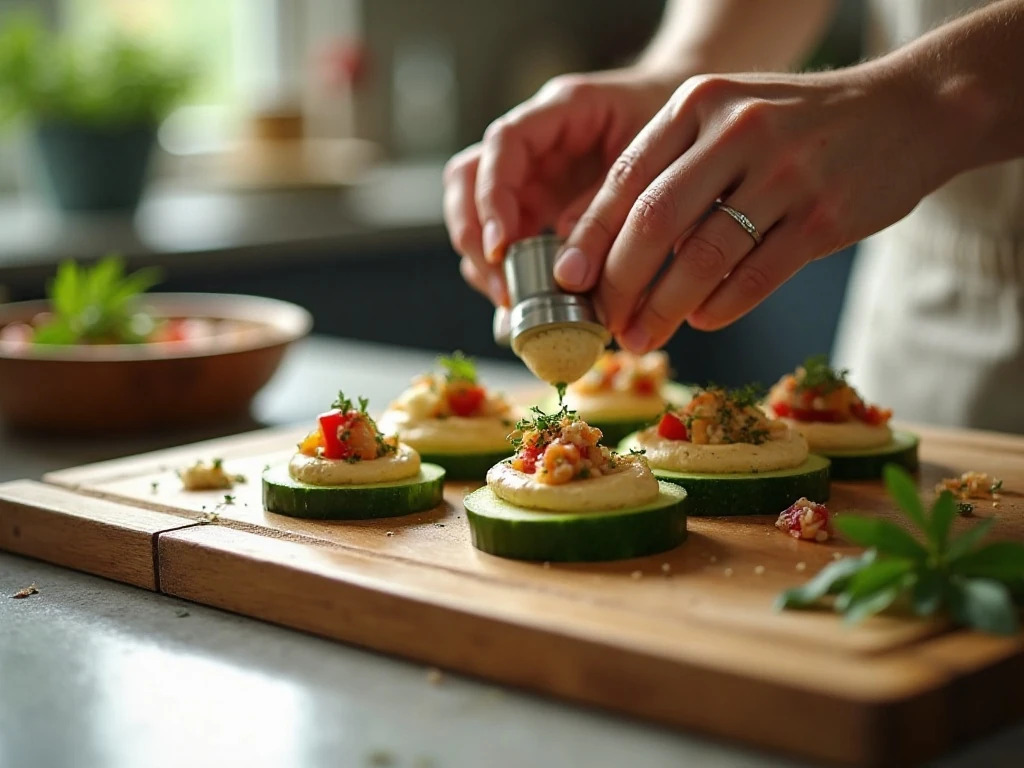Assembling hummus cucumber bites with hummus and toppings