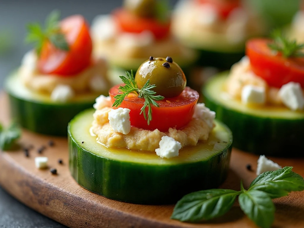 Close-up of hummus cucumber bite toppings and garnish