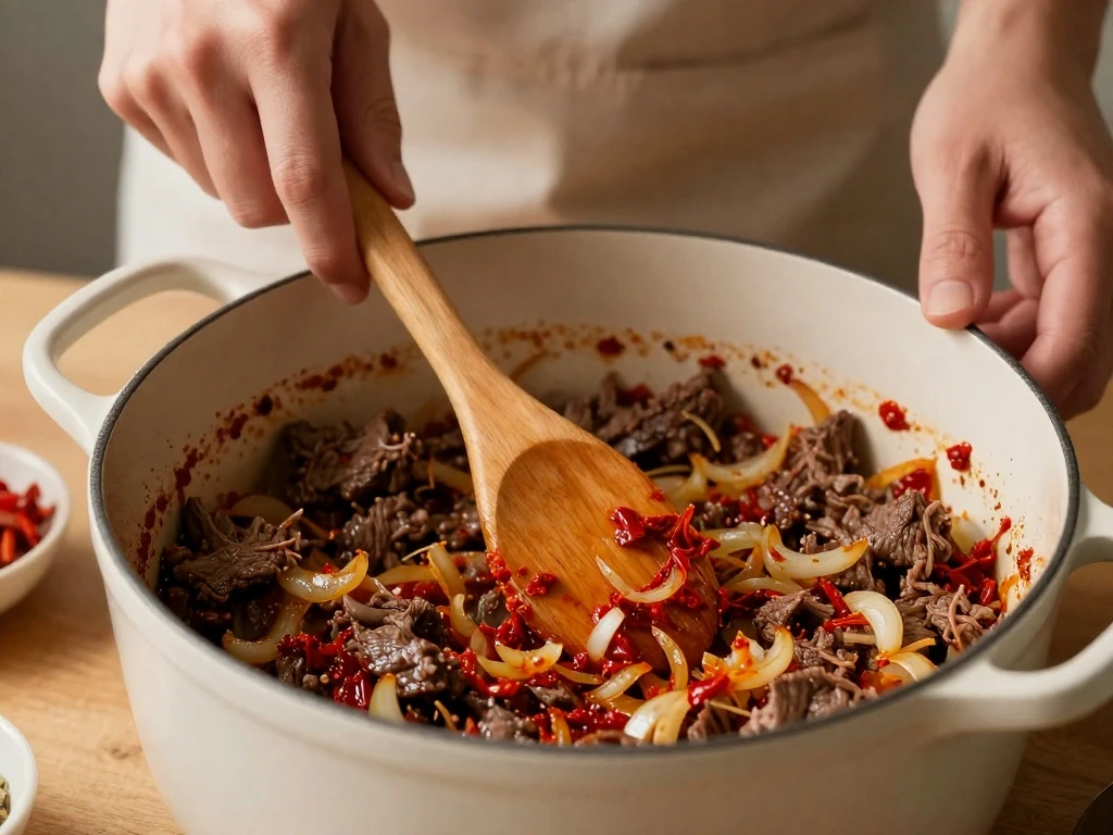 Beef and onions coated in paprika while making Hungarian goulash