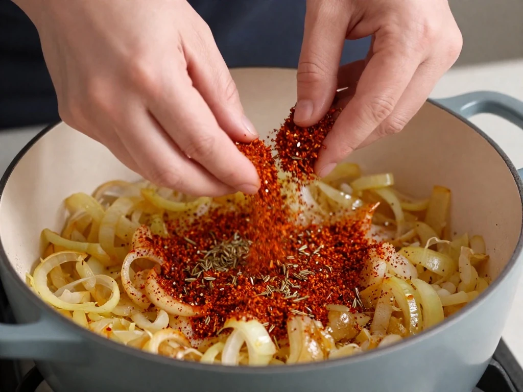 Adding Hungarian paprika and caraway to softened onions for goulash