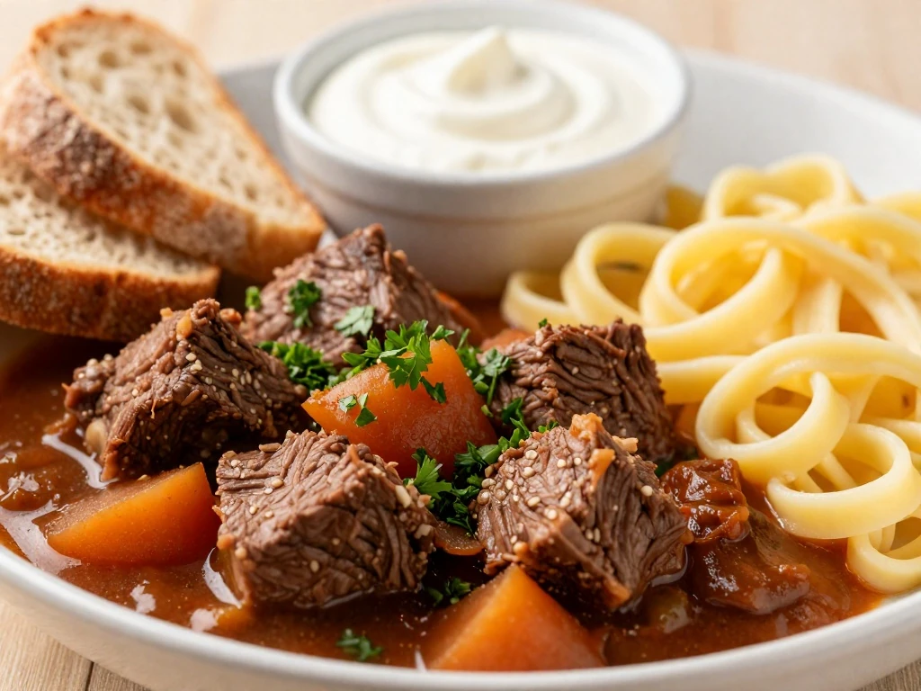 Hungarian beef goulash garnished with parsley and served with bread