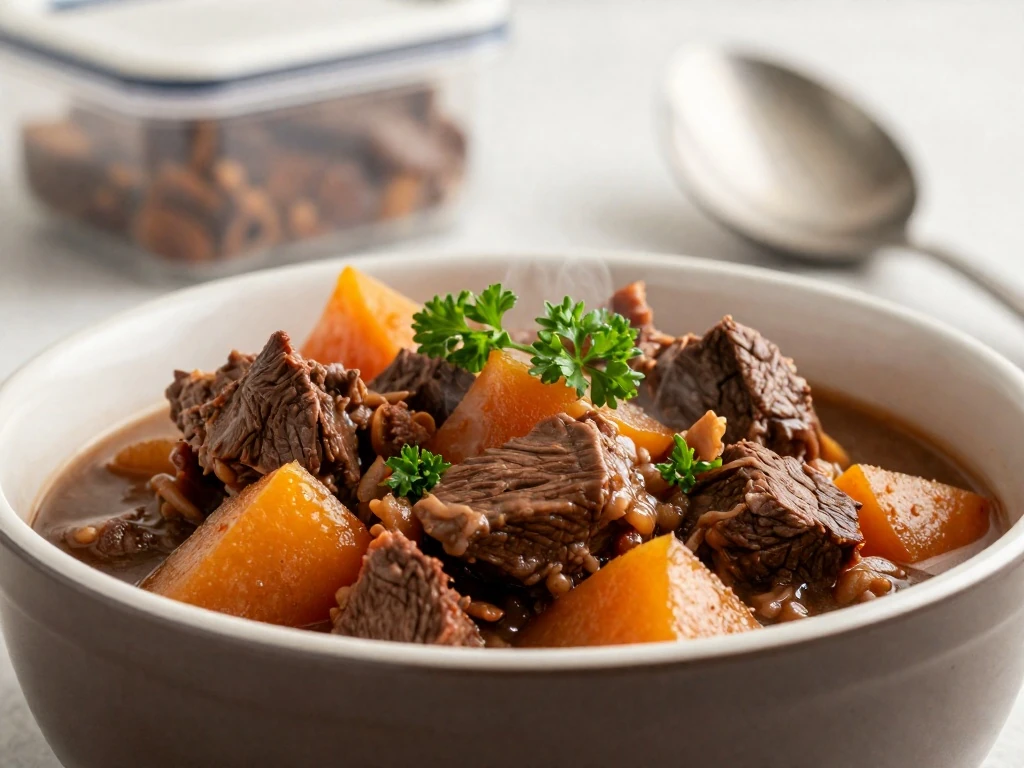 Reheated beef goulash ready for a make-ahead dinner