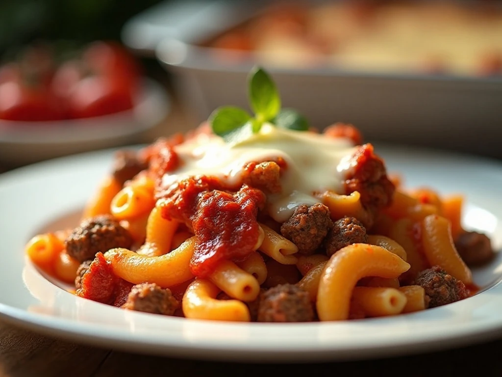 Serving of Hungry Boy Three-Meat Pasta Bake with pasta, beef, sausage, pepperoni, ricotta, and melted cheese