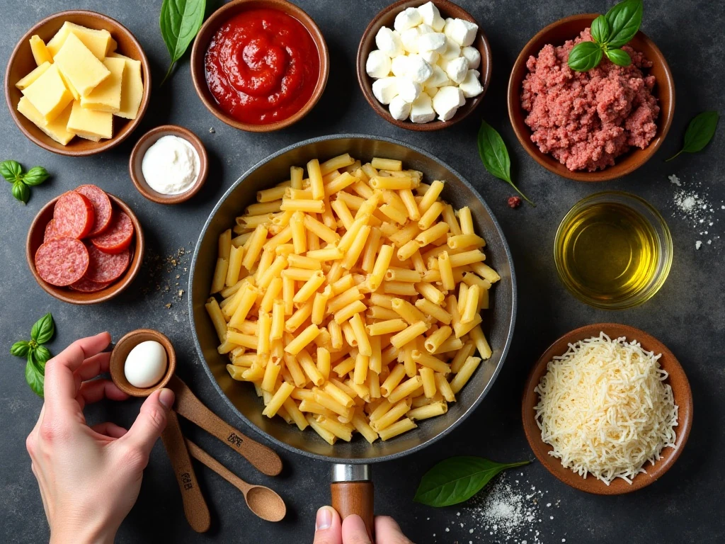 Ingredients for a three-meat pasta bake arranged for cooking