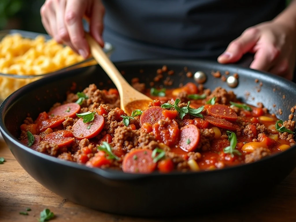 Meat sauce being prepared for Hungry Boy Three-Meat Pasta Bake