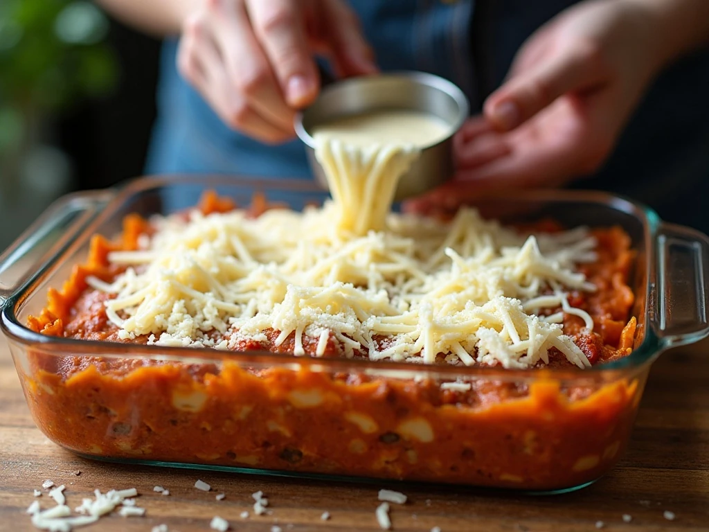 Layering pasta, ricotta, meat sauce, and mozzarella in a casserole dish