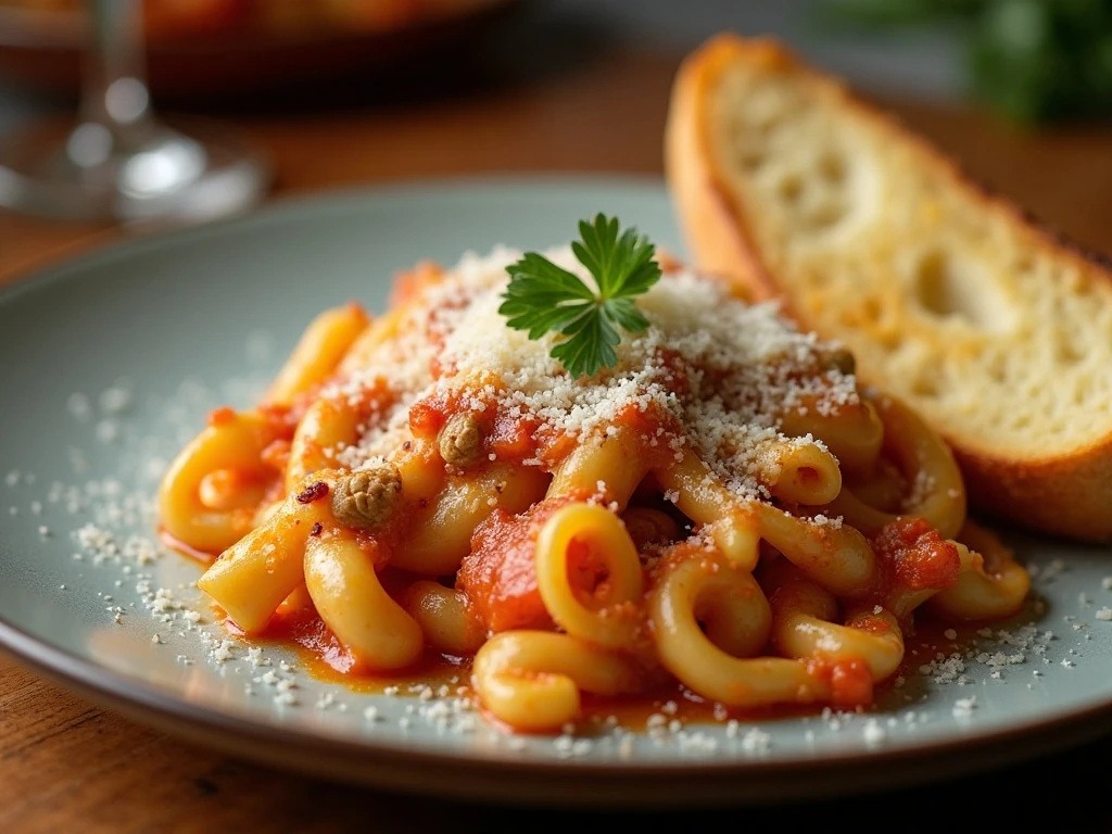 Cheesy three-meat pasta bake served with garlic bread and parsley