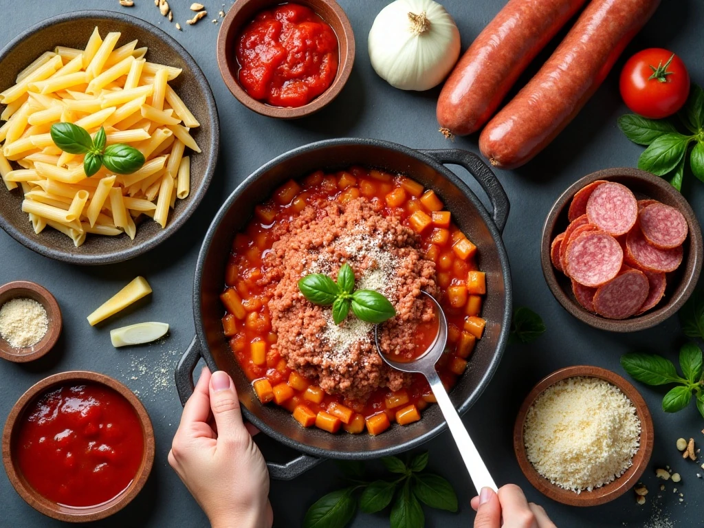 Ingredients for a three-meat pasta bake arranged for cooking