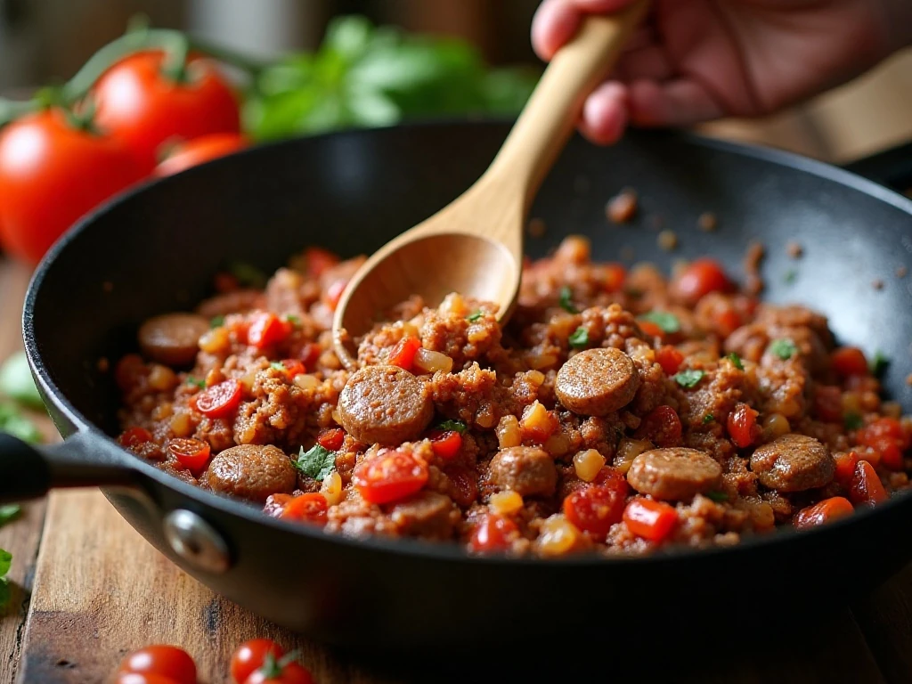 Meat sauce being prepared for Hungry Boy three-meat pasta bake