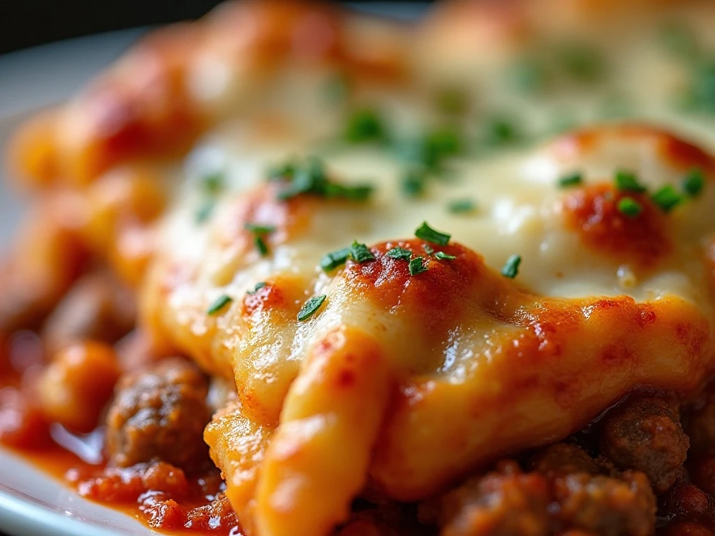 Golden cheesy topping with parsley on three-meat pasta bake