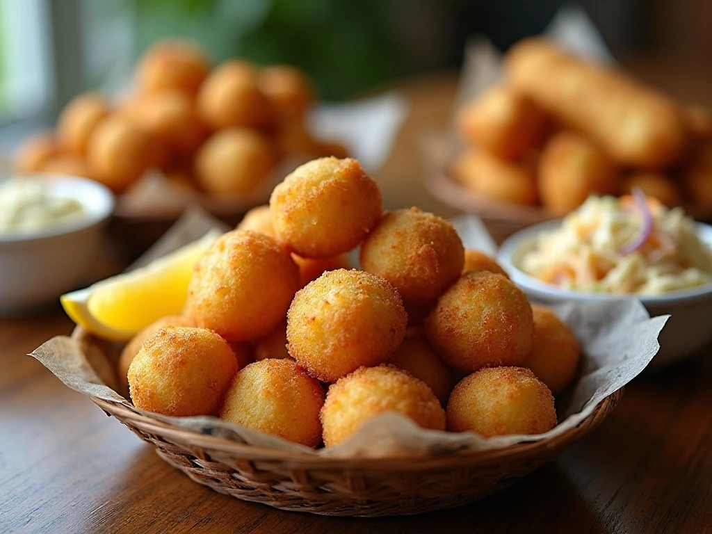 Golden homemade Southern hush puppies served with fried fish, lemon, sauce, and coleslaw