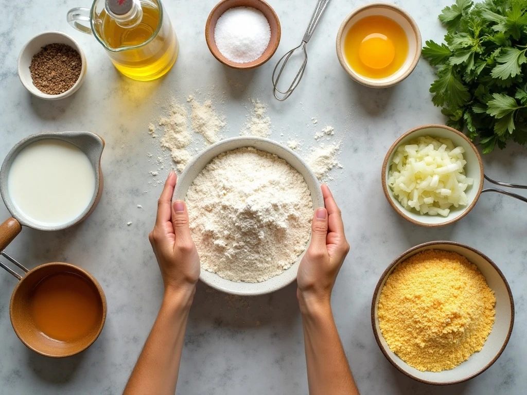 Ingredients for homemade Southern hush puppies arranged on a kitchen surface