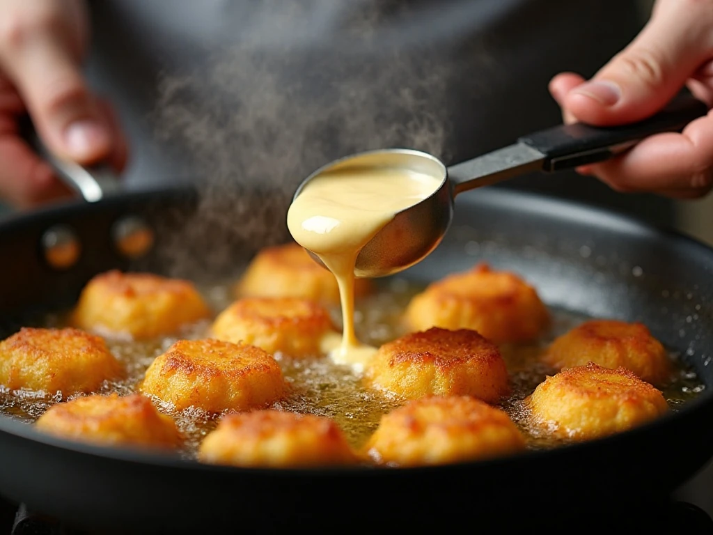 Small portions of hush puppy batter frying in hot oil