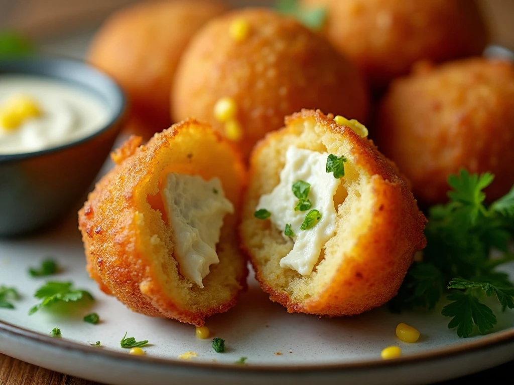 Close-up of a crisp hush puppy showing its tender cornmeal center